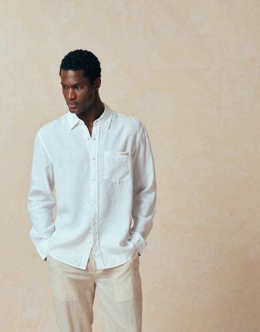 Calvin Klein Jeans - Camicia casual a maniche lunghe in lino bianca, 3 di 5