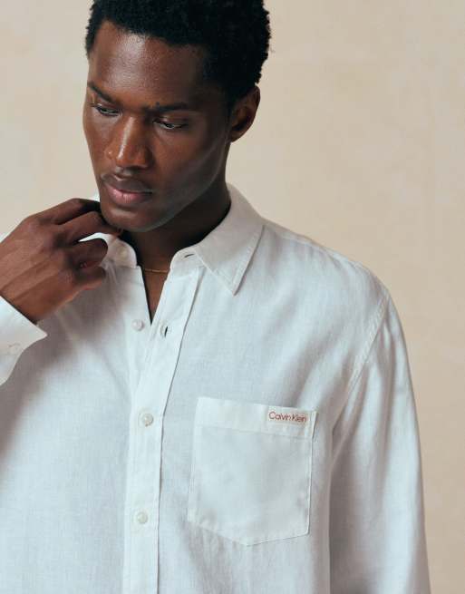 Calvin Klein Jeans - Camicia casual a maniche lunghe in lino bianca, 4 di 5