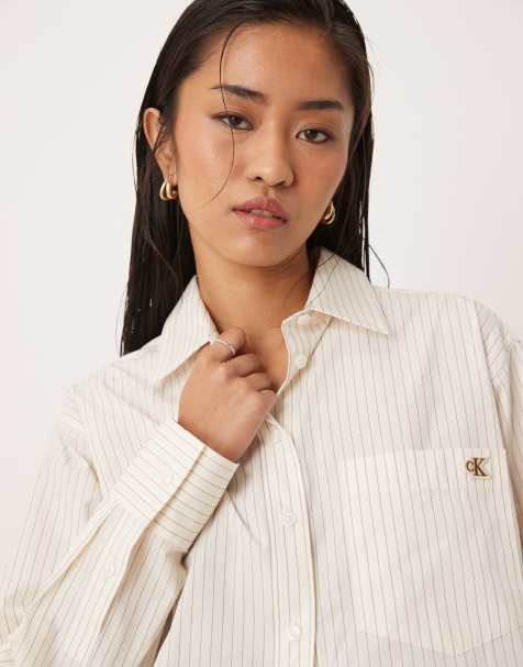 Calvin Klein Jeans - Camicia vestibilità comoda in popeline di cotone a righe di colore naturale - view 1