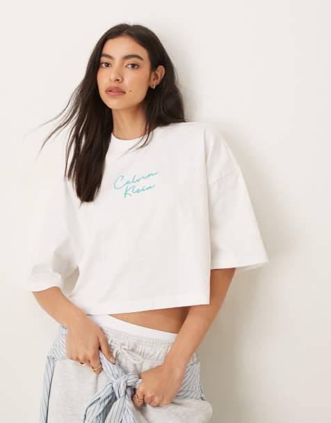 Calvin Klein Jeans - Canotta taglio corto bianca a righe squadrata con logo - view 1