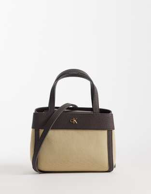 Calvin Klein Jeans canvas mini crossbody tote bag in natural 