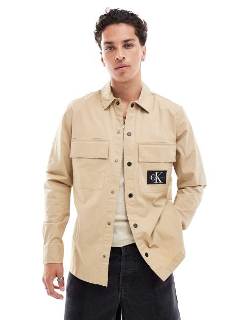 Calvin Klein Jeans – Cargo-Hemdjacke aus Jeans in Beige