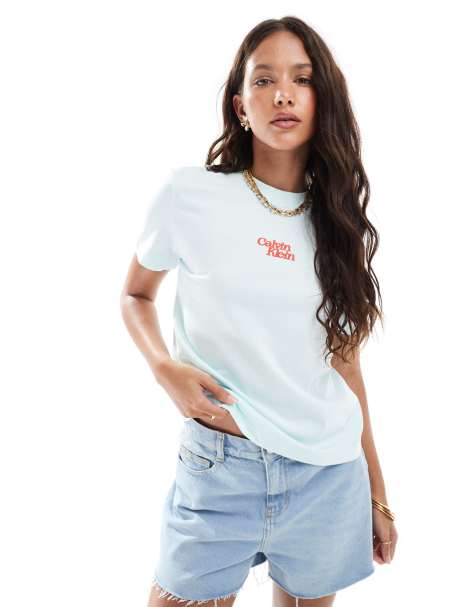 Calvin Klein Jeans center script logo T-shirt in pale aqua blue - view 1