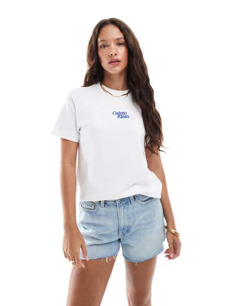 Calvin Klein Jeans central script logo t-shirt in white and blue - view 1