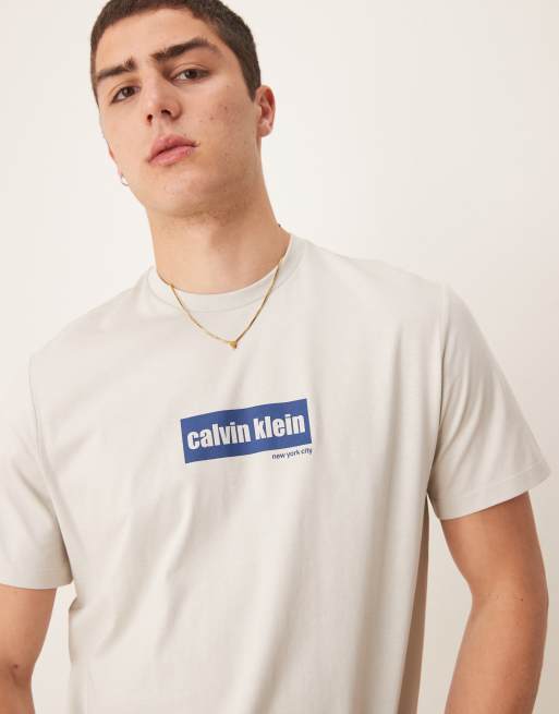 Calvin Klein Jeans centre block logo t-shirt in off white, 3 of 4