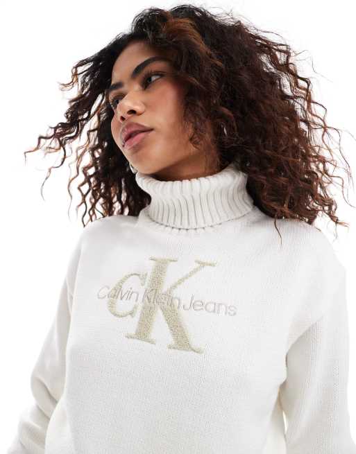 Calvin Klein Jeans chenille monologo jumper in white ASOS