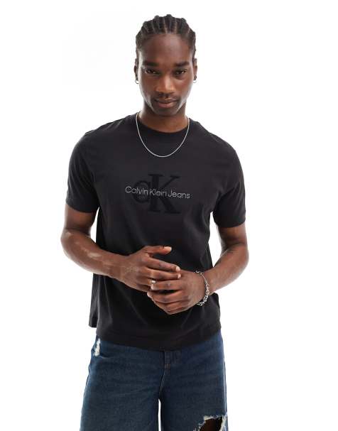 Calvin Klein Jeans – Chenille-T-Shirt in Schwarz mit Monogramm-Logo - view 1