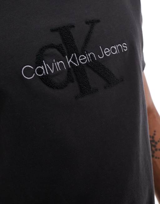 Calvin Klein Jeans – Chenille-T-Shirt in Schwarz mit Monogramm-Logo, 2 von 4
