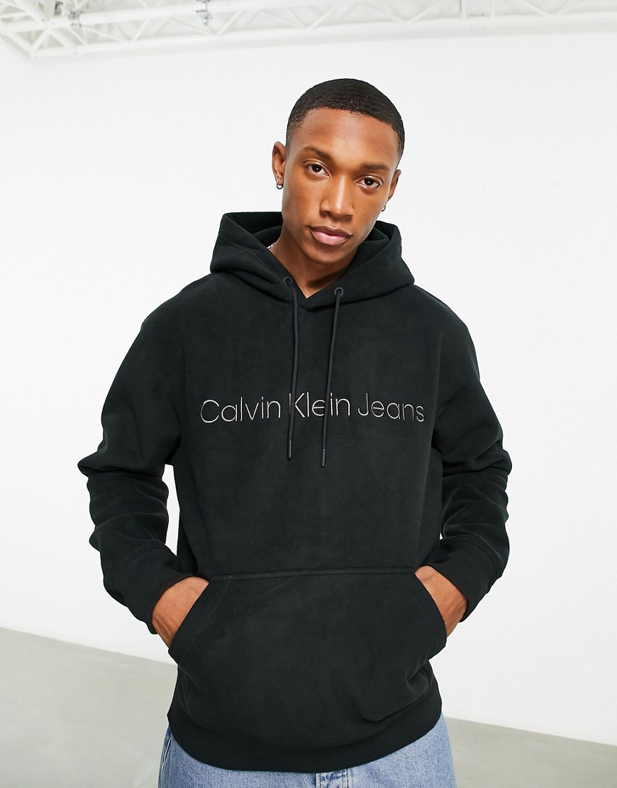 Calvin Klein Jeans chest logo heavy double face polar fleece hoodie in black