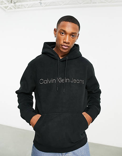 Calvin Klein Jeans chest logo heavy double face polar fleece hoodie in  black | ASOS