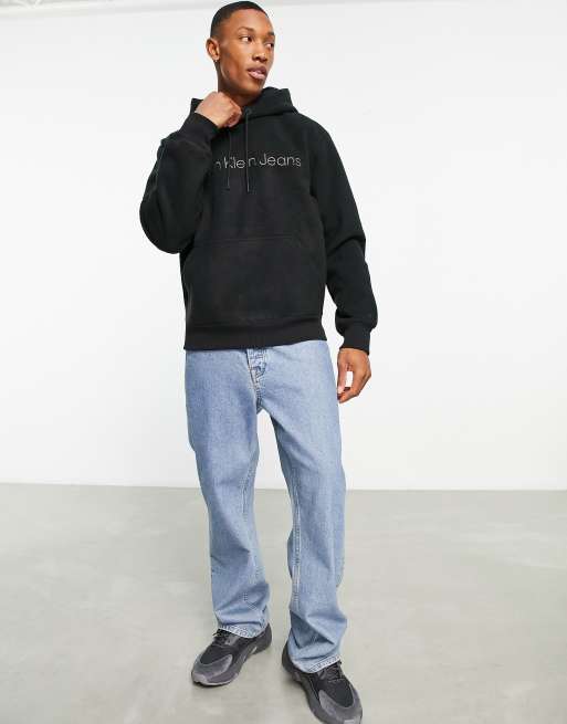 Calvin Klein Jeans chest logo heavy double face polar fleece hoodie in  black