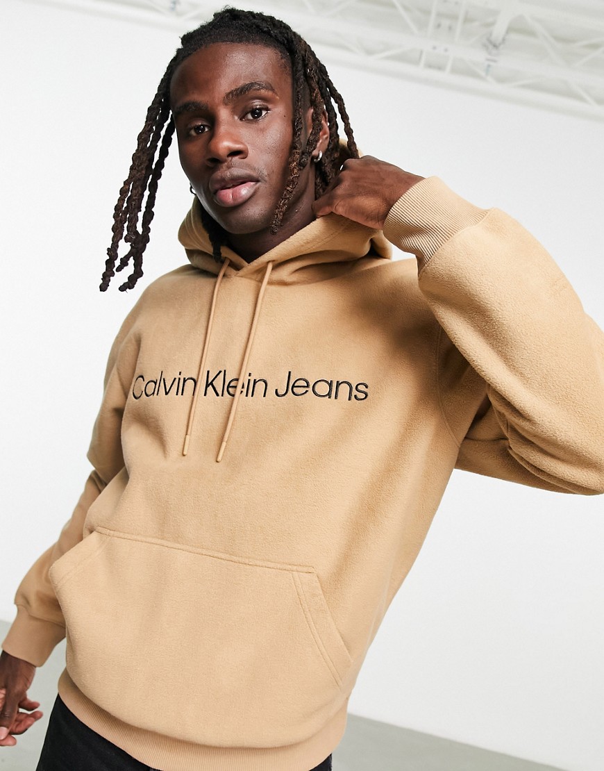 Calvin Klein Jeans chest logo heavy double face polar fleece hoodie in camel-Neutral