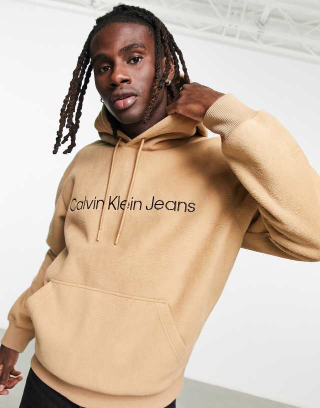 Calvin Klein Jeans chest logo heavy double face polar fleece hoodie in camel