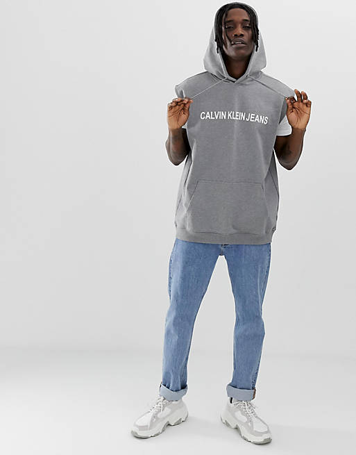 Calvin Klein Jeans chest logo sleeveless hoodie in grey marl | ASOS