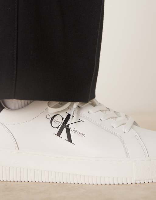 Calvin Klein Jeans chunky cupsole leather trainers in white and