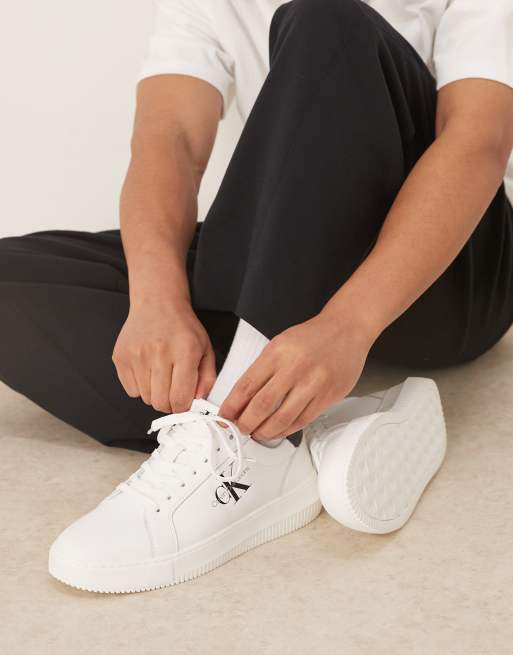 Calvin Klein Jeans chunky cupsole leather trainers in white and