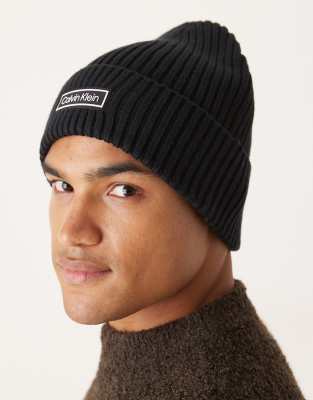 Calvin Klein Jeans Est.1978 Chunky Rib Knit Patch Beanie In Black