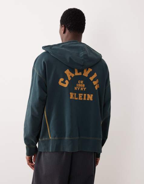Calvin Klein Jeans – Ciemnozielona zapinana na zamek bluza z kapturem premium z logo w stylu vintage - view 1