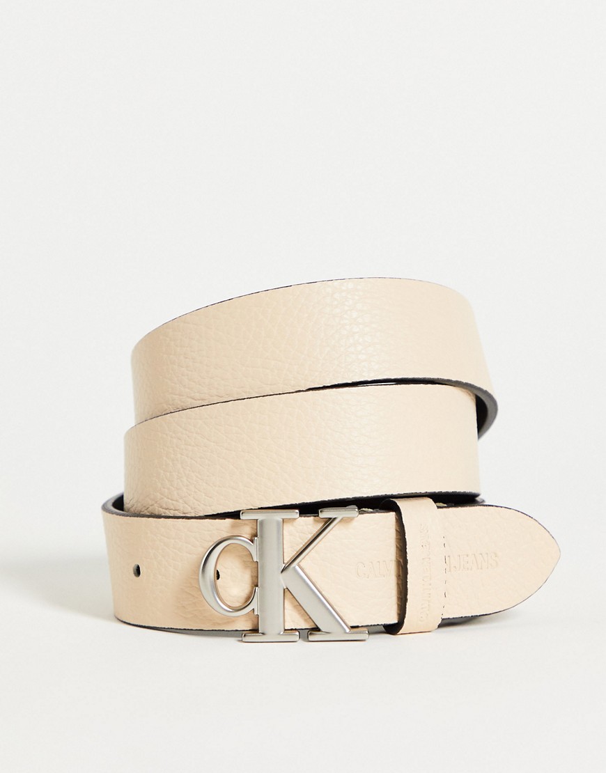 Calvin Klein Jeans CK monogram logo belt in cream-White