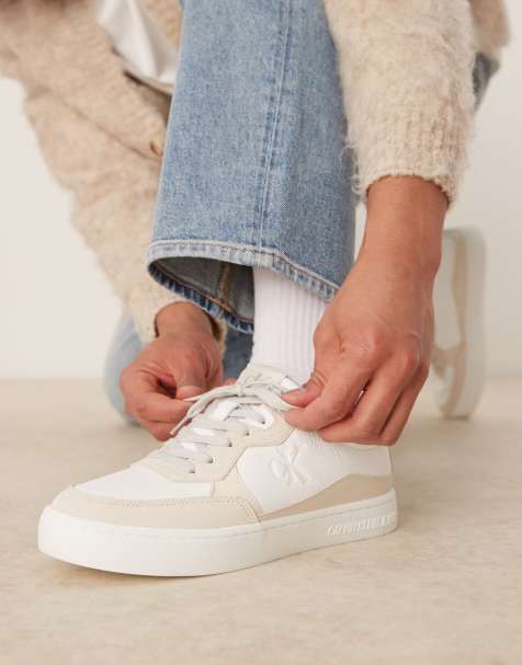 Calvin Klein Jeans classic cupsole sneakers in beige and white - view 1