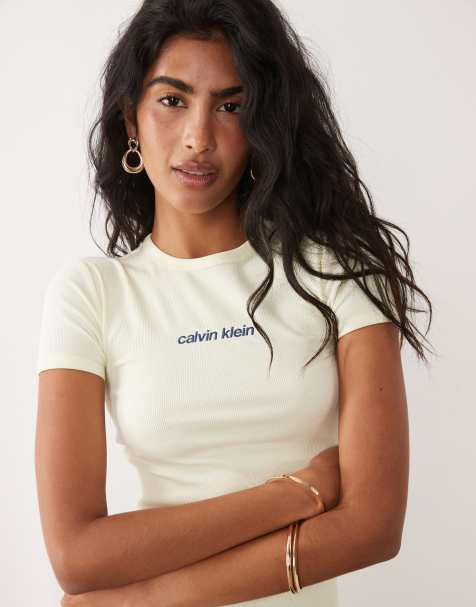 Calvin Klein Jeans classic fit t-shirt with embroidered navy logo in lemon yellow - view 1