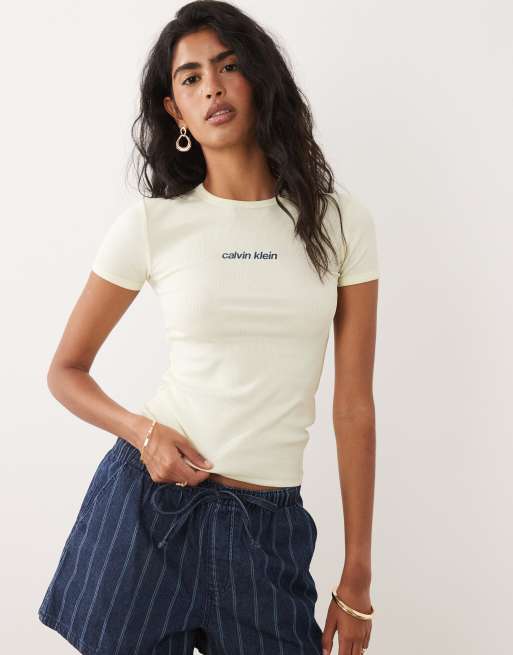 Calvin Klein Jeans classic fit t-shirt with embroidered navy logo in lemon yellow, 3 of 4