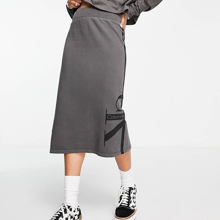 Calvin Klein Jeans co-ord stripe monologo washed skirt in grey | ASOS