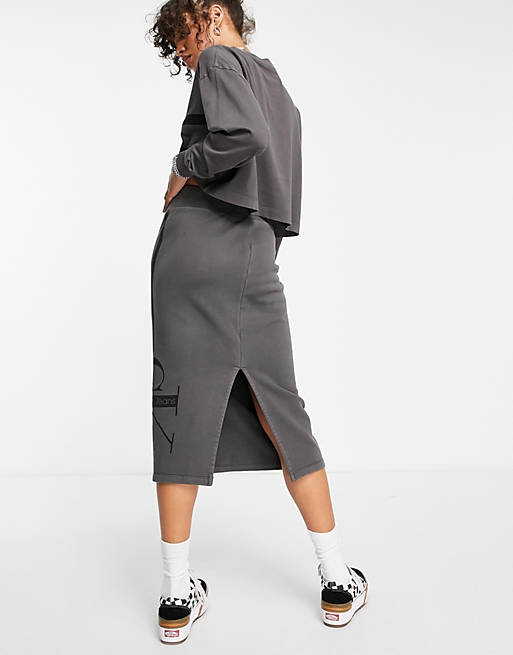Calvin Klein Jeans co-ord stripe monologo washed skirt in grey | ASOS