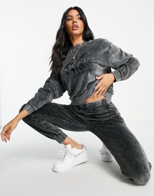 Calvin Klein Jeans co-ord washed velvet sweatshirt in ice black
