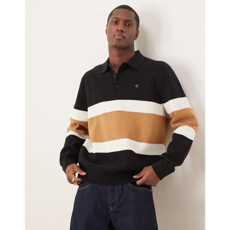 Calvin Klein Jeans collared knit 1/4 zip logo in black | ASOS