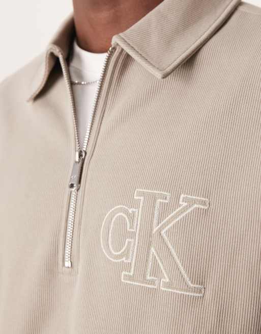 Calvin Klein Jeans collared knit 1/4 zip logo in khaki | ASOS