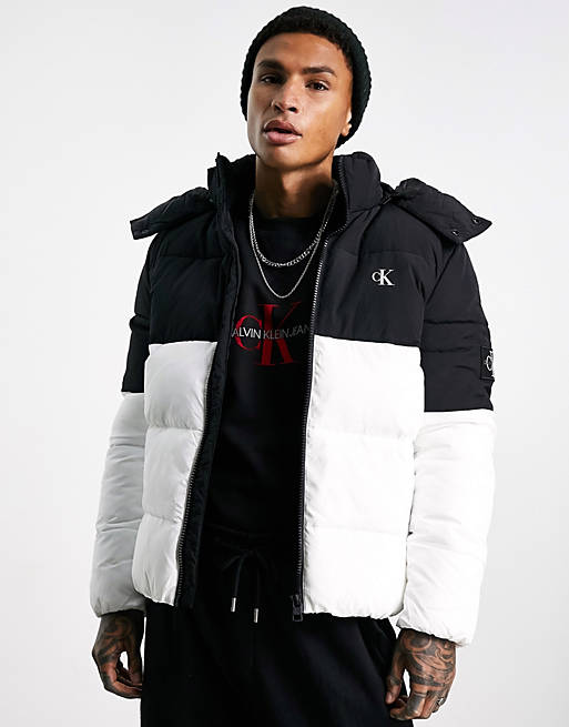 Calvin Klein Jeans color block hooded puffer jacket in black/white | ASOS
