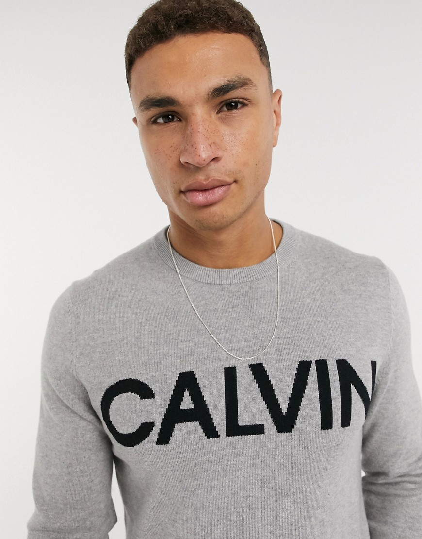 Calvin Klein Jeans color blocked logo crew sweater in grey