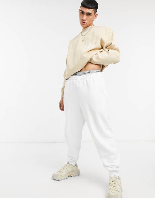 Calvin Klein Jeans contrast beige mock logo in sweatshirt neck | ASOS