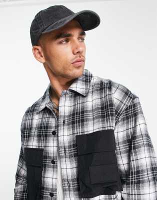 Calvin Klein Jeans contrast pocket check overshirt in black/white - ASOS Price Checker