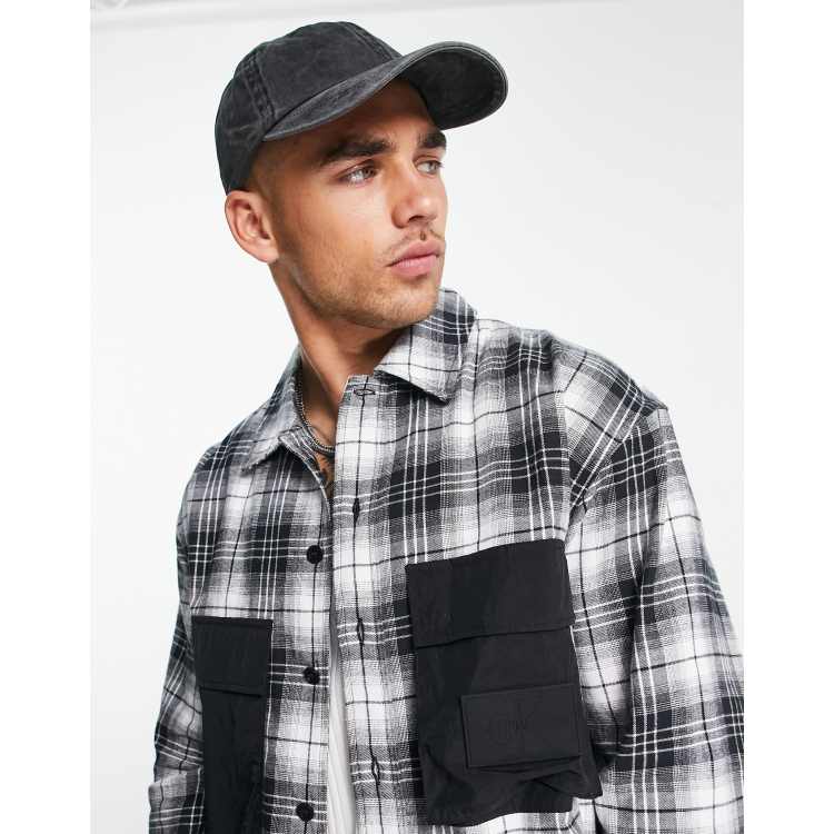 Calvin Klein Jeans contrast pocket check overshirt in black/white