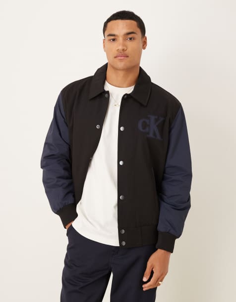 Calvin Klein Jeans cotton varsity bomber jacket in black and blue - view 1