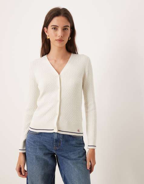 Calvin Klein Jeans - Cremehvid kabelstrikket cardigan med vævet logomærke - view 1
