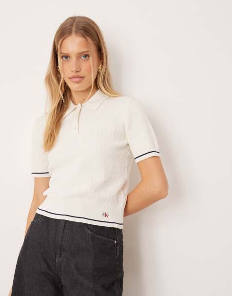 Calvin Klein Jeans - Cremehvid kabelstrikket cropped polo med vævet mærke - view 1