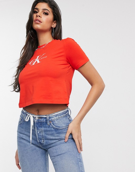 Calvin Klein Jeans crop logo t shirt in red