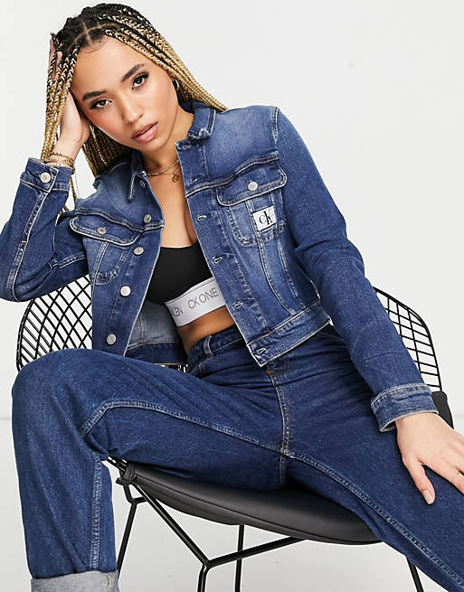 Calvin Klein Jeans cropped 90's denim jacket in dark wash blue