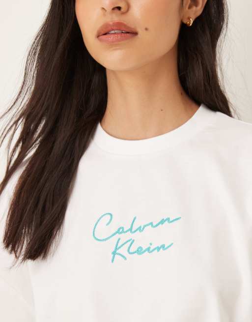 Calvin Klein jeans cropped boxy logo vest top in white stripe, 2 of 4