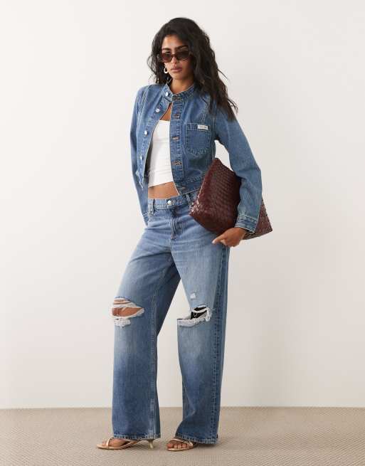 Calvin Klein Jeans cropped button up denim jacket with high neck detail in blue, 3 of 5