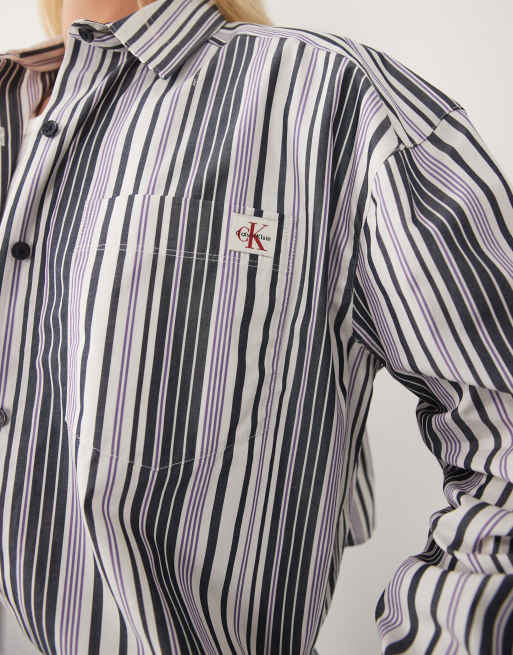 Calvin Klein Jeans cropped cotton poplin shirt in blue and white stripe, 3 of 4
