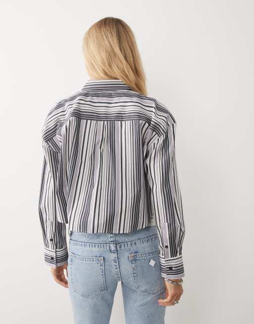 Calvin Klein Jeans cropped cotton poplin shirt in blue and white stripe, 4 of 4