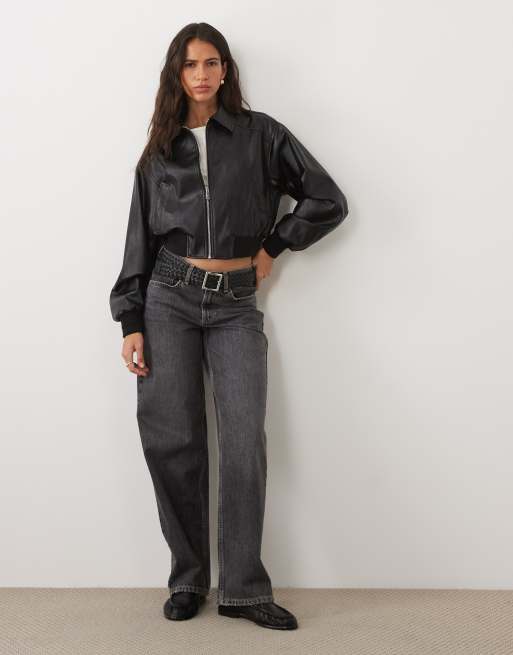 Calvin Klein Jeans cropped faux leather bomber jacket in black, 2 of 4