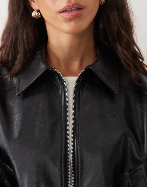 Calvin Klein Jeans cropped faux leather bomber jacket in black, 3 of 4