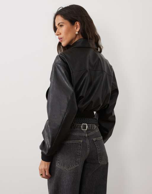 Calvin Klein Jeans cropped faux leather bomber jacket in black, 4 of 4