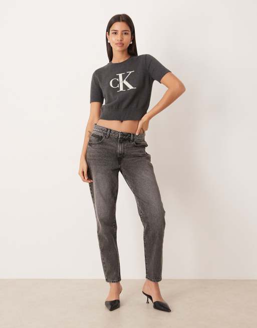 Calvin Klein Jeans - Cropped gebreide top met monogramlogo in antracietgrijs , 3 van 4