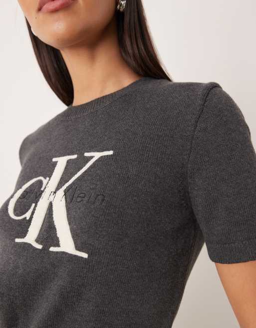 Calvin Klein Jeans - Cropped gebreide top met monogramlogo in antracietgrijs , 4 van 4